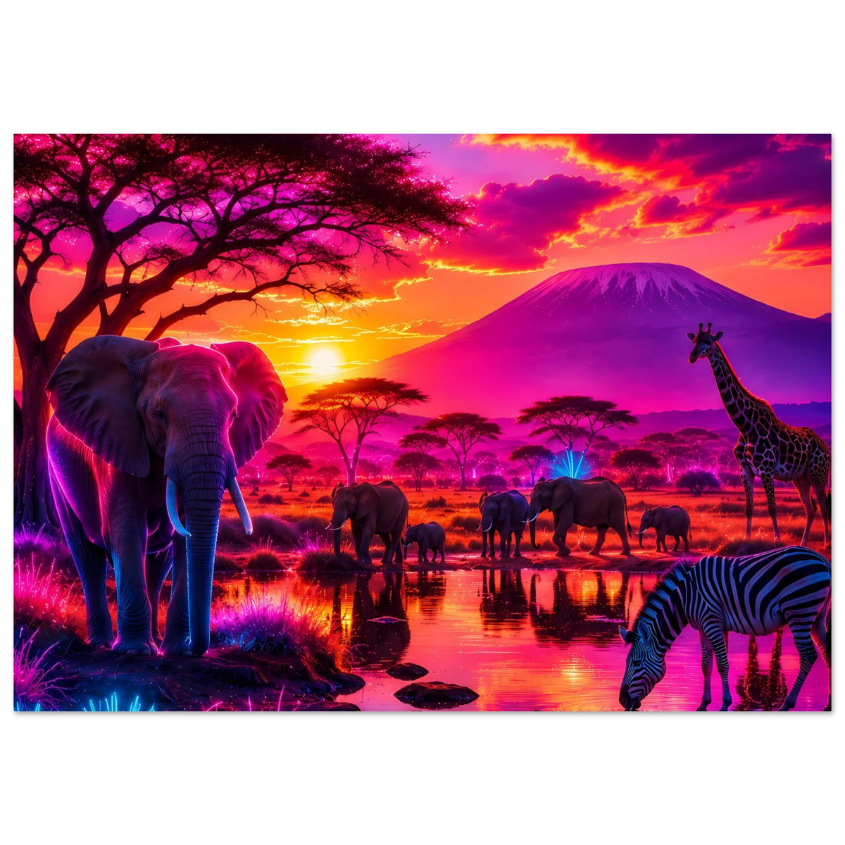 Neon-Safari-Poster: Elefanten, Giraffe und Zebra am Wasser mit buntem Sonnenuntergang
