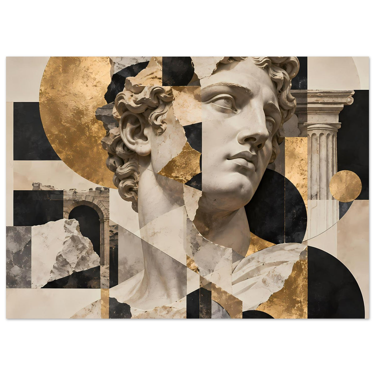 Breites Kunstposter: klassische Büstenansicht mit geometrischem Muster und Goldakzenten