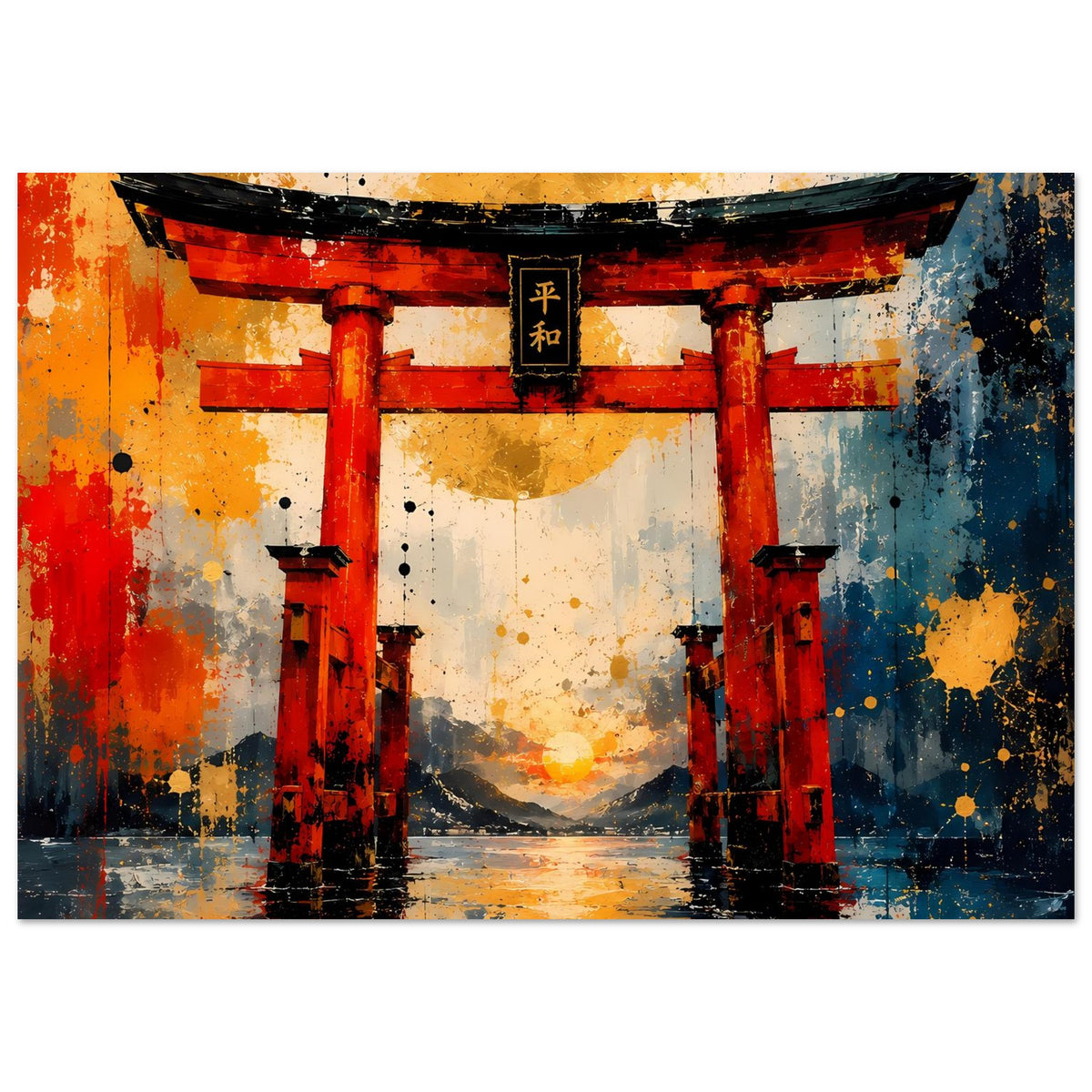 Torii-Tor Poster im Querformat: rotes Tor über Wasserreflexen, schwarze Konturen und Sprenkel