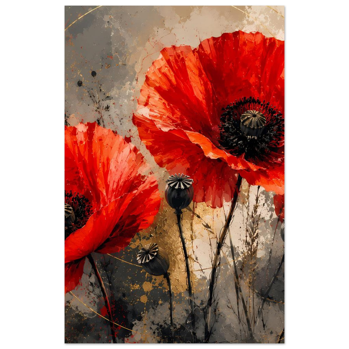 Poster im Hochformat mit roten Mohnblüten, schwarzen Kernen und abstrakten Spritzspuren