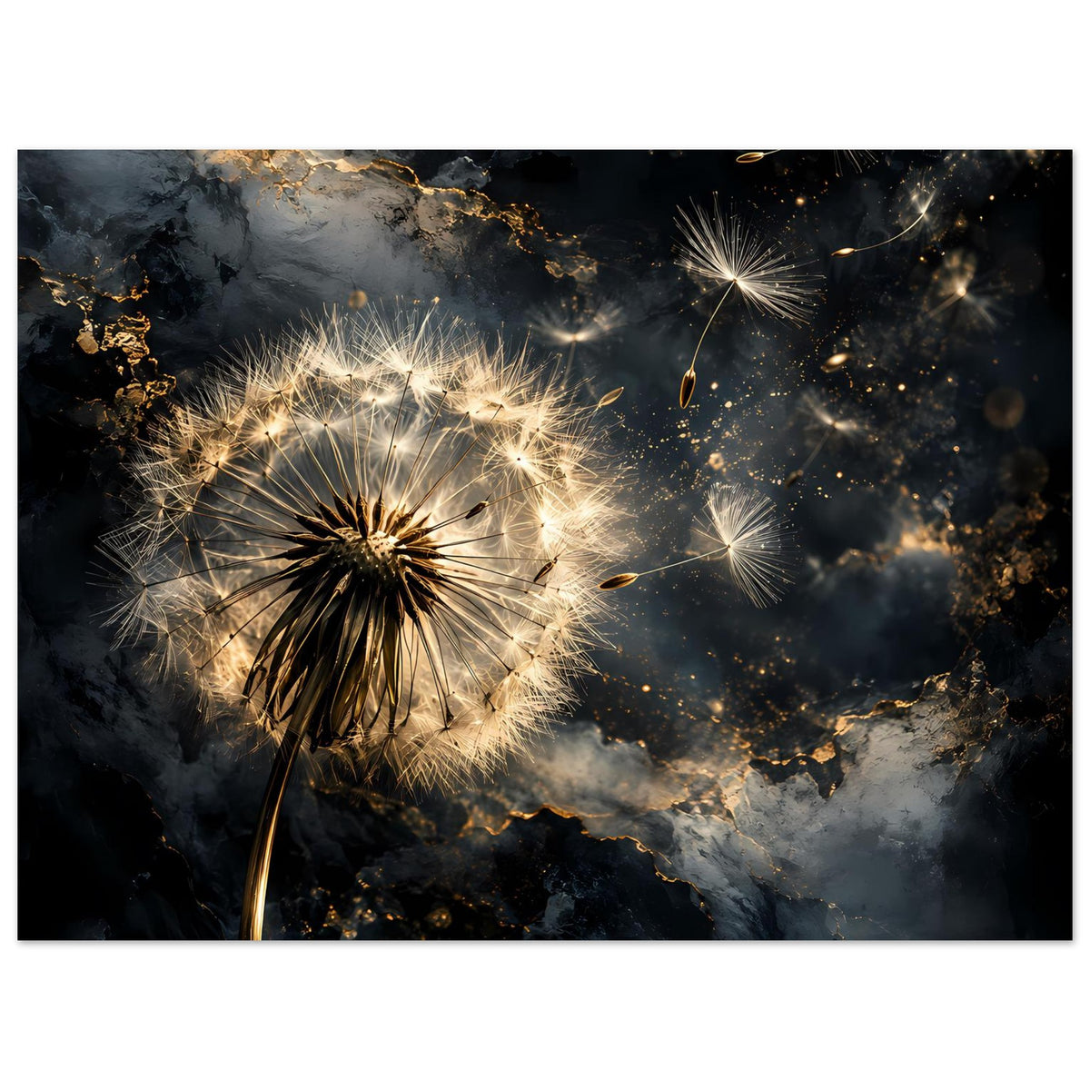 Premium-Mattposter mit gold leuchtender Pusteblume und winzigen Funken vor dunklem Hintergrund