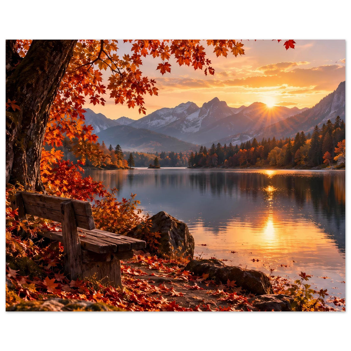 Poster mit Herbstlandschaft: Baum am Ufer, rote Blätter, reflektierender See und Sonne