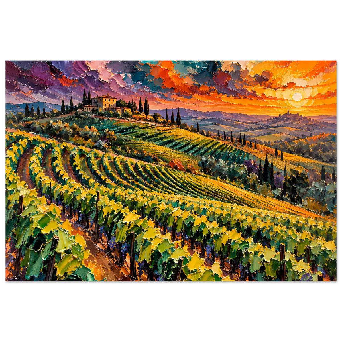 Landschaftsposter mit Weinbergpfaden, gelben Reben und violett-orangem Himmel im Sonnenuntergang