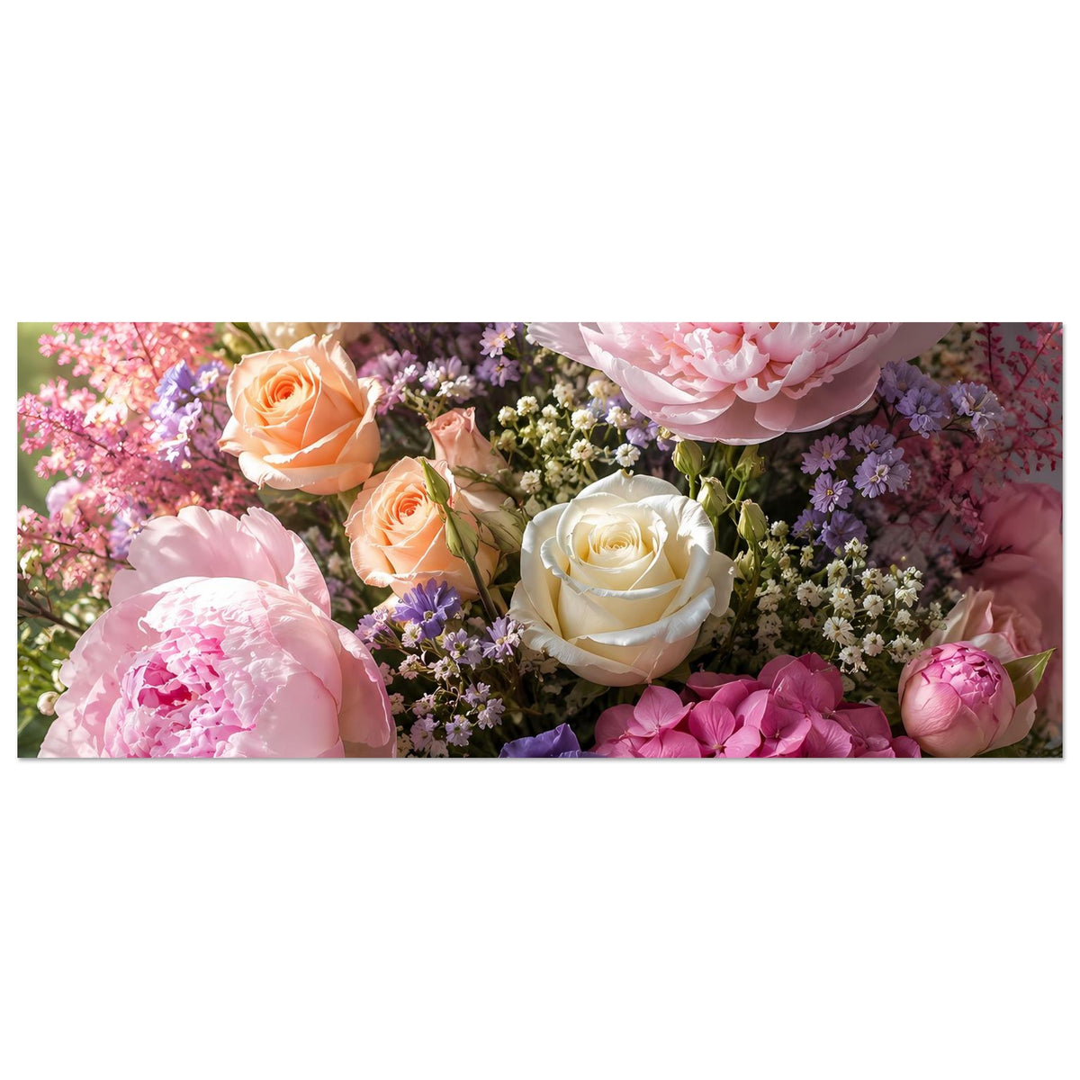 Panorama-Pastellblumenstrauß-Poster mit Pfingstrosen, Hortensien und Rosen in Rosa und Lila