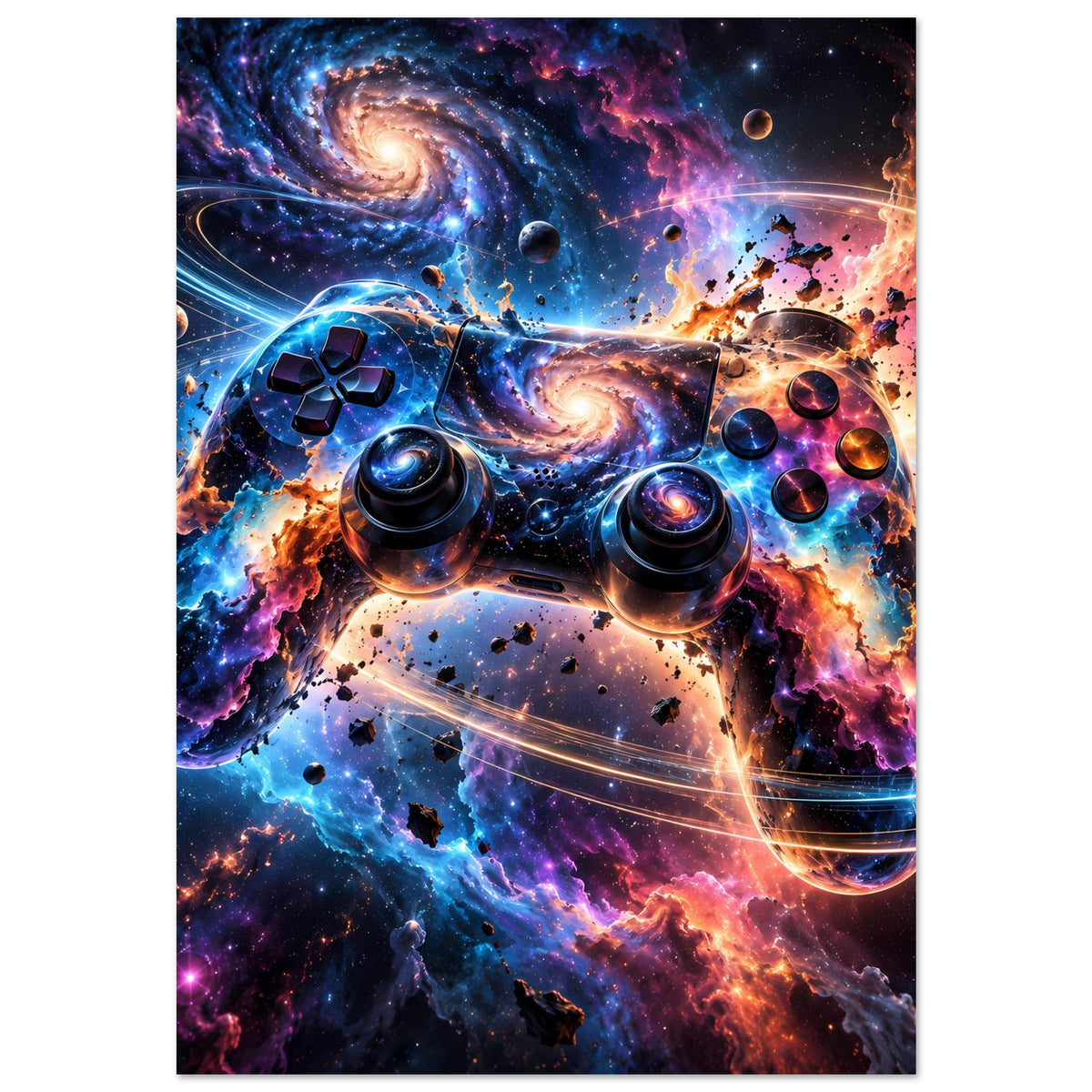 Galaxy-Poster mit Gamecontroller-Illustration, leuchtende Nebel und kosmische Partikel