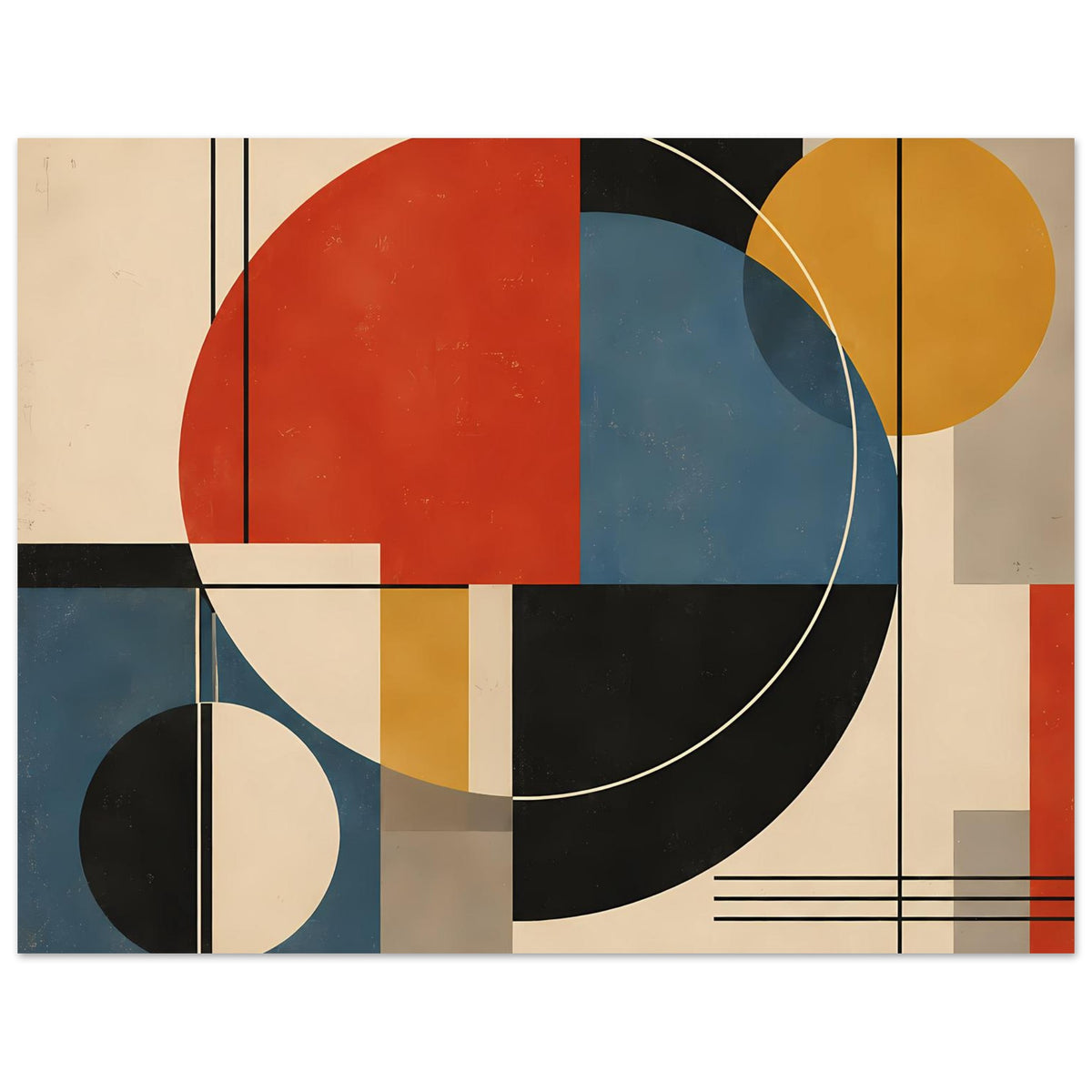 Abstraktes Geometrie-Poster (Querformat) mit blauem Bogen, rotem Feld und gelbem Kreis oben rechts.