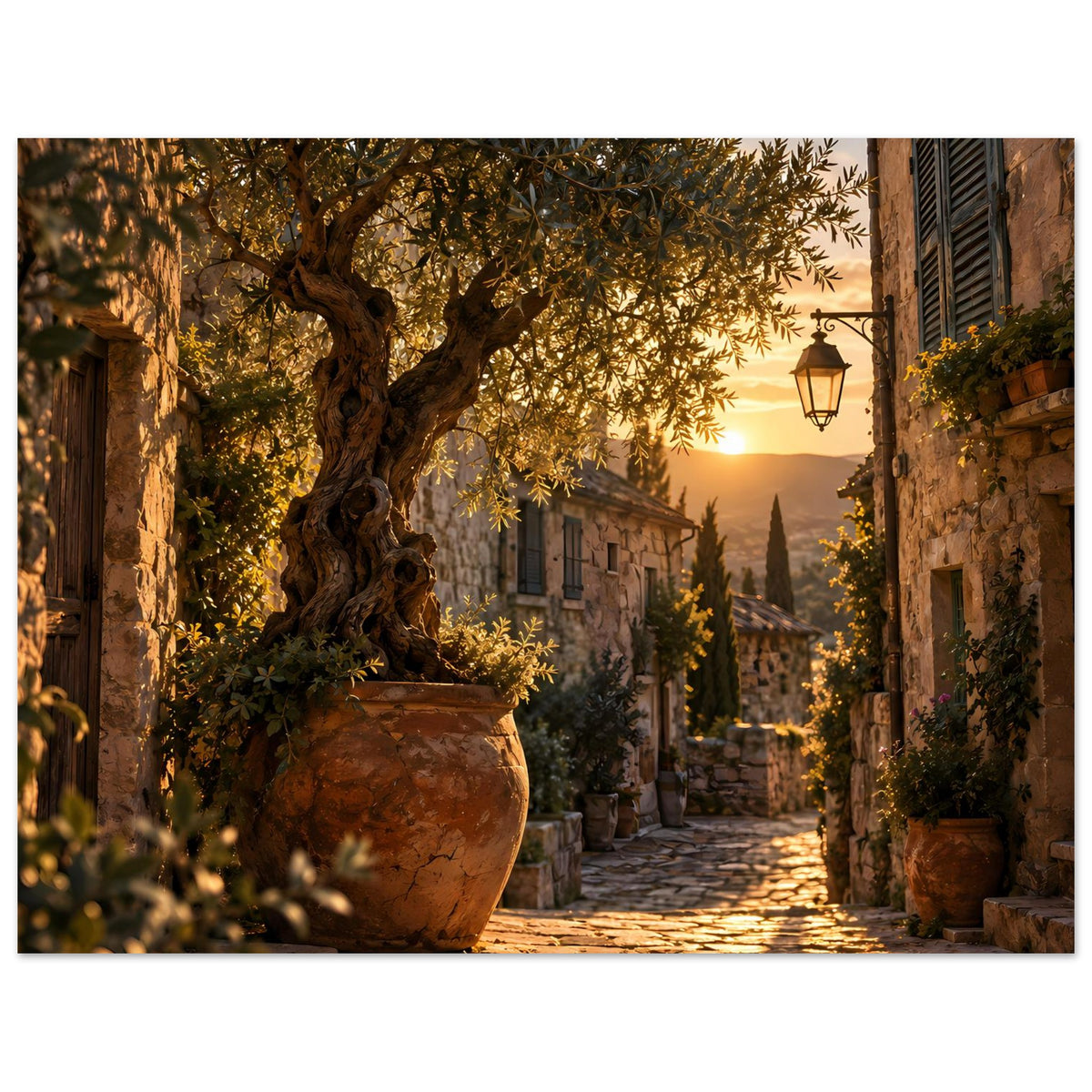 Sonnenuntergang-Poster: Olivenbaum im Topf und Blick in eine von Laternen gesäumte Gasse