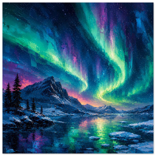 Fine-Art-Poster mit Nordlicht über verschneitem Bergsee, Flussreflexion und Tannen am Ufer