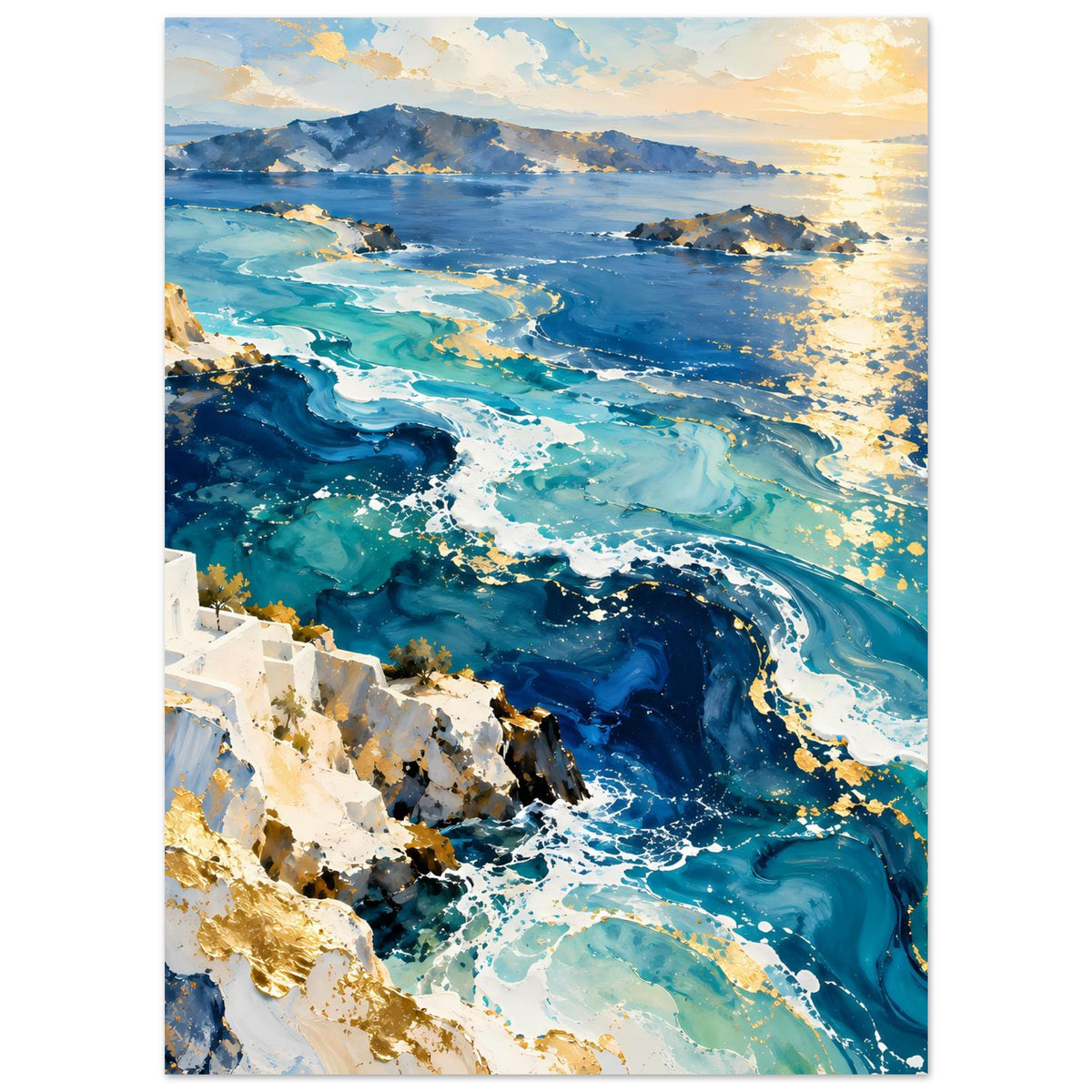 Poster mit türkisblauem Meer, schäumenden Wellen und weißem Küstendorf an der Felswand