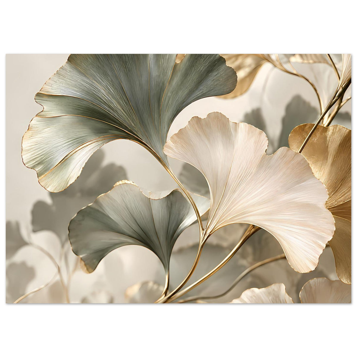 Poster im Querformat mit Ginkgo-Blättern in Grau-Grün, Creme und goldenen Konturen