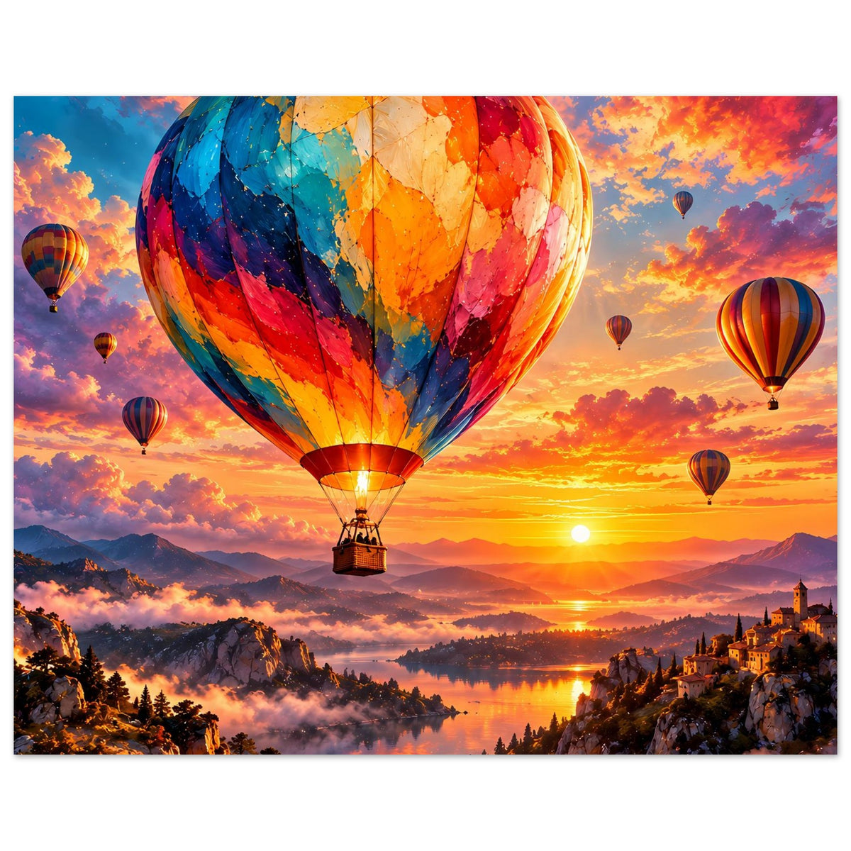 Poster mit großem Heißluftballon und kleineren Ballons, dramatischer Abendhimmel.