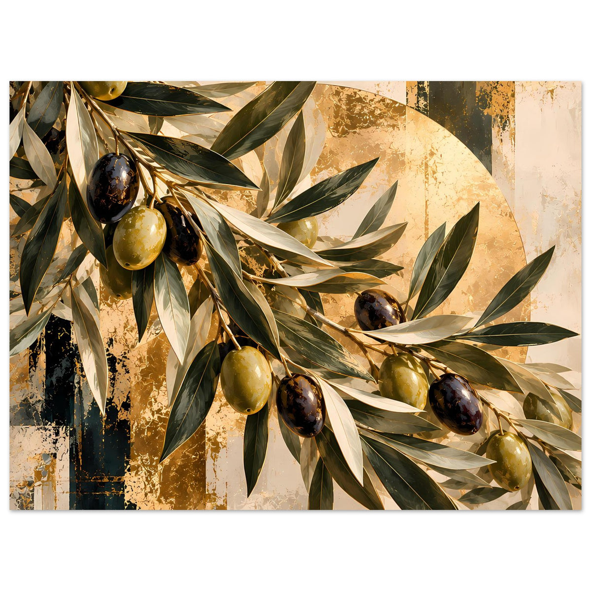 Botanisches Kunstposter mit Olivenzweigen und goldfarbenen Oliven, grüne Blätter im Detail