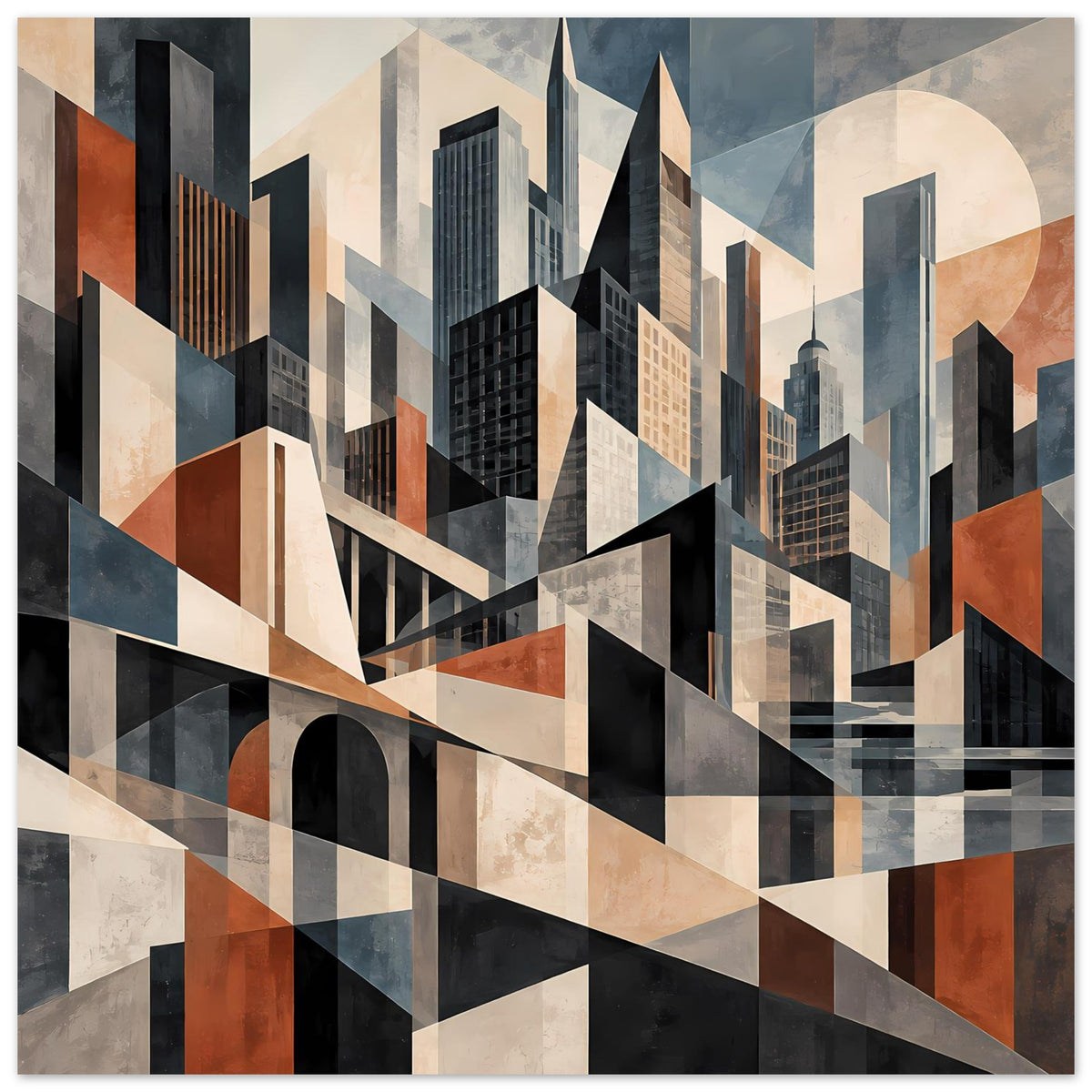 Architekturposter: geometrische City-Silhouette mit hohen Gebäuden, diagonalen Linien und blauen Akzenten