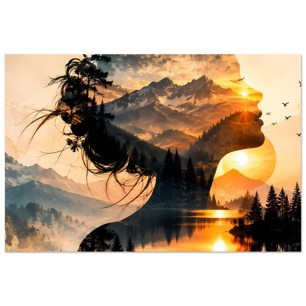 Poster mit Frauensilhouette und Bergsee bei Sonnenuntergang, Doppelbelichtung mit Berggipfeln
