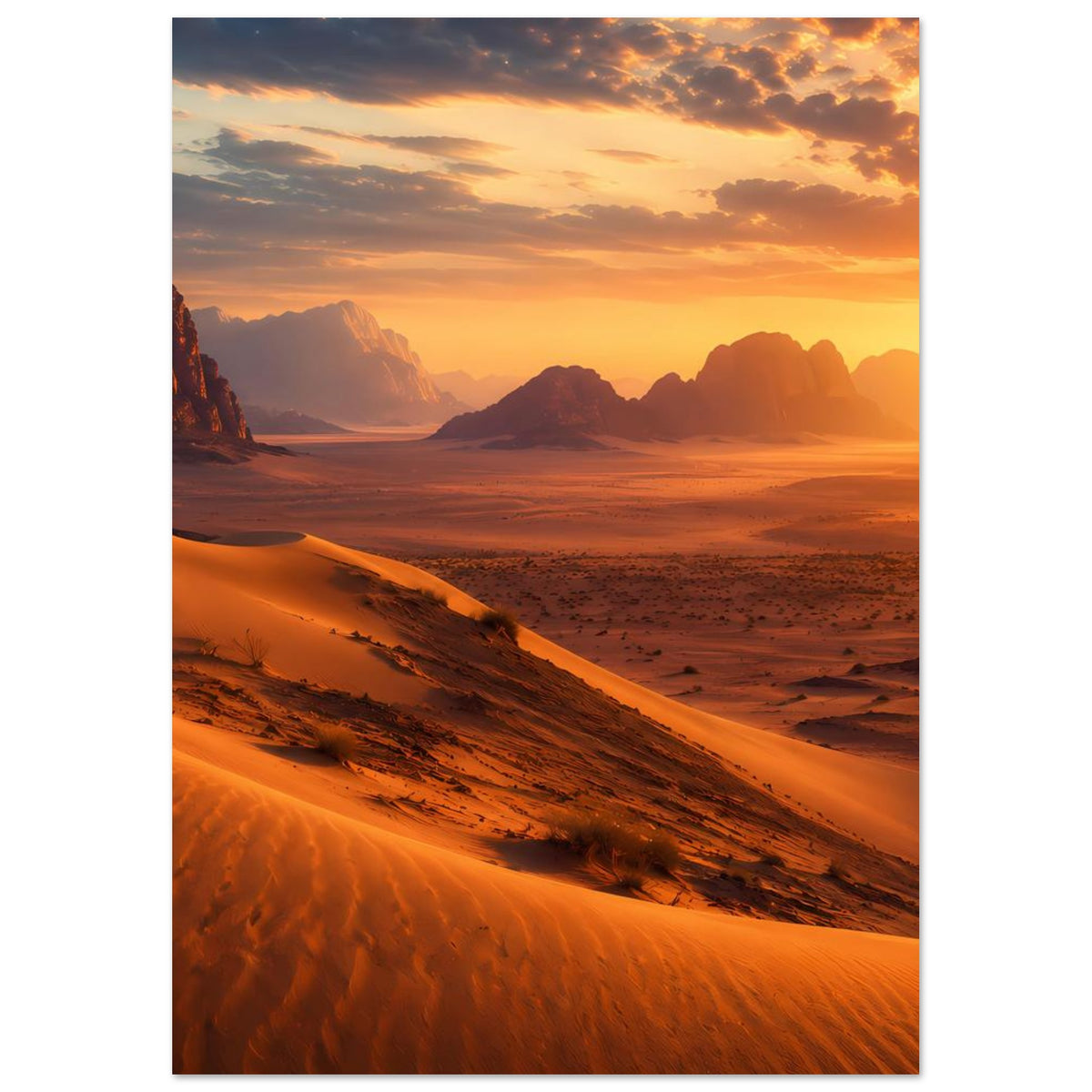 Poster mit Wüstenlandschaft: Sonnenuntergang über Dünen, entfernte Felsen und orange Himmel