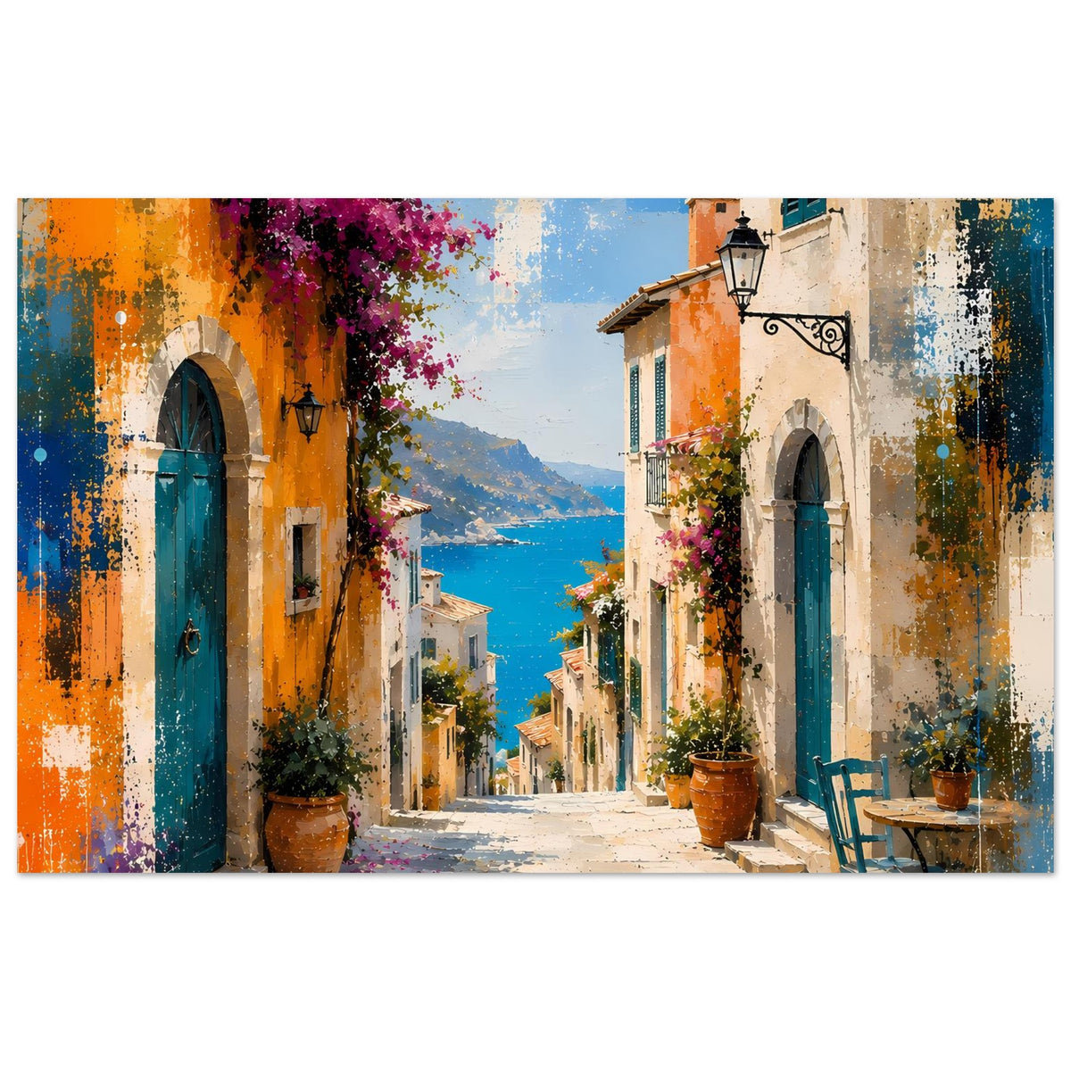 Querformat-Poster mit mediterraner Gasse, bunten Fassaden, Pflanzkübeln und blauem Wasser