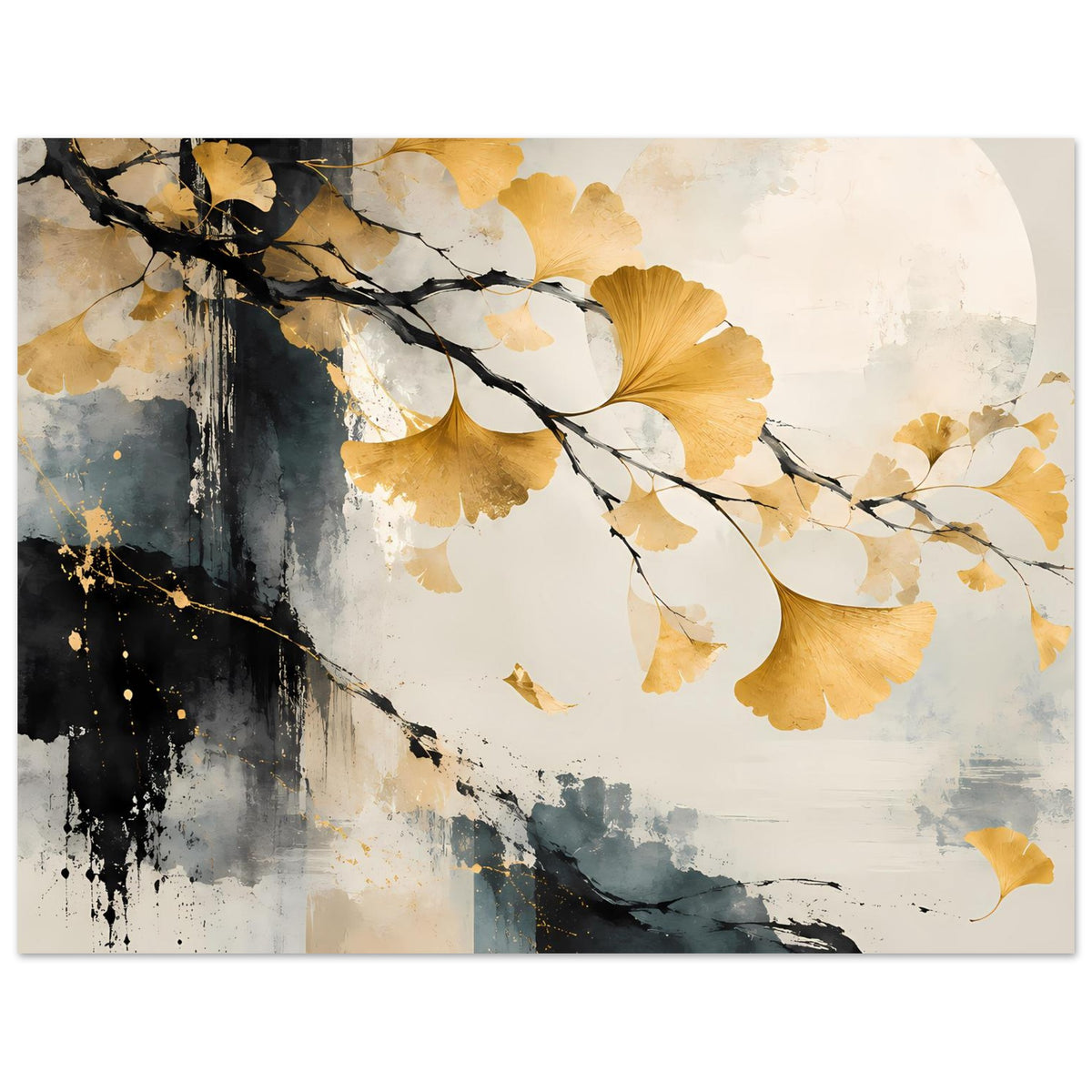 Kunst-Poster im Querformat mit goldenem Ginkgo, weißen Blättern und schwarzen Zweigen