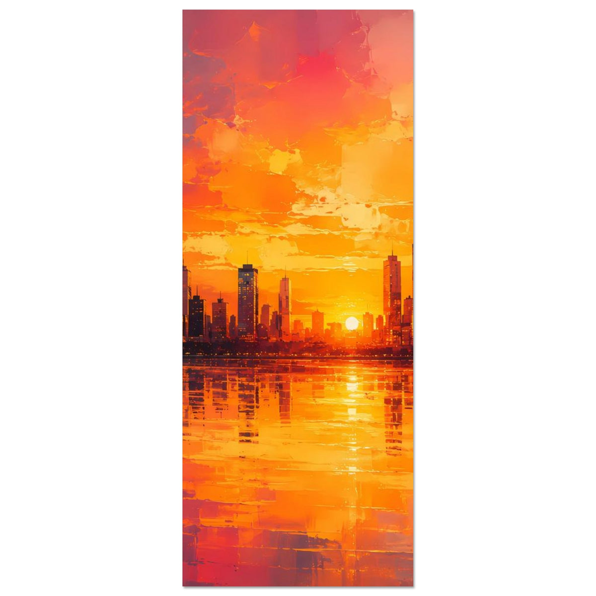 Hochformat-Poster mit Großstadt-Skyline bei Sonnenuntergang und Wasserreflexion, warmes Orange.