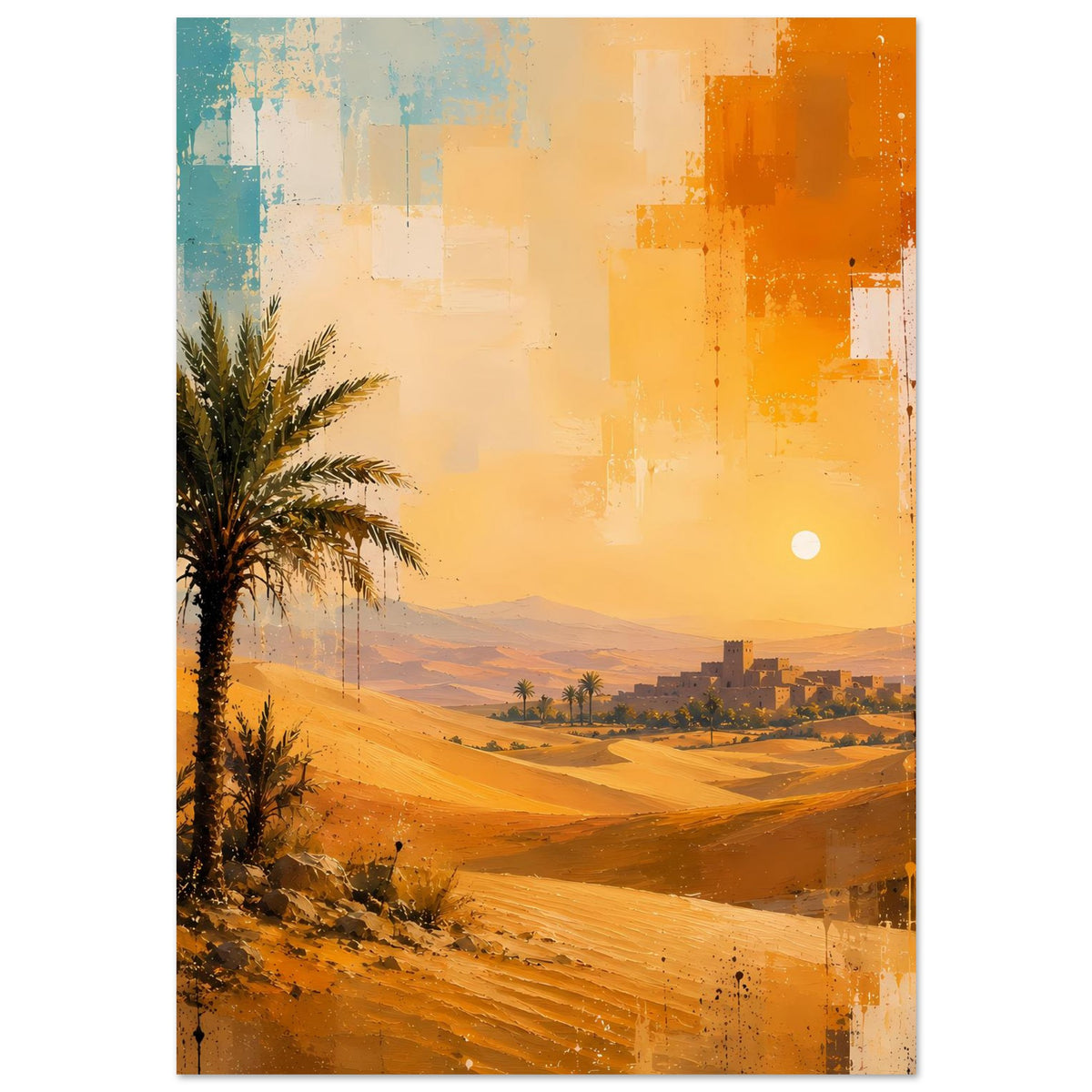 Wandposter mit Palme und Wüstenlandschaft mit kleiner heller Scheibe am Himmel, warm.