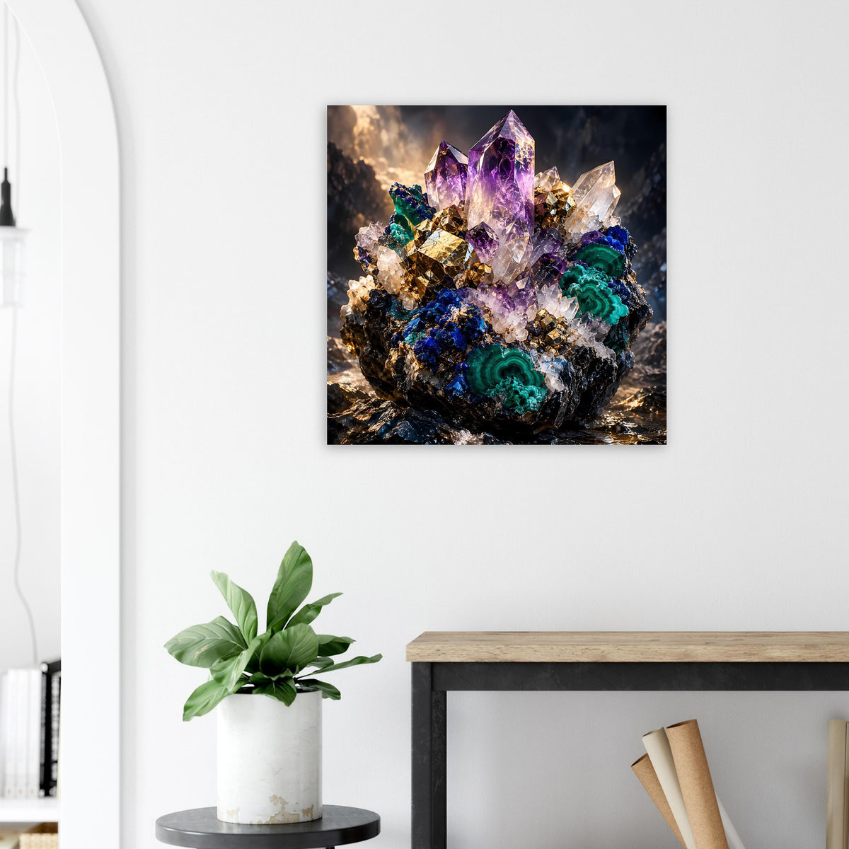 Kristallposter mit violetter Spitze, grünem Malachit und blauem Schimmer im Kristallgestein