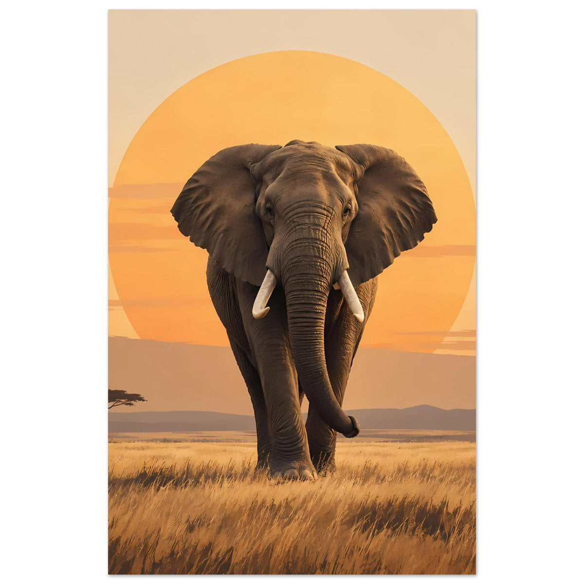 Hochformatiges Elefantenposter: ganzer Elefant mit langen Stoßzähnen vor orangefarbenem Kreis