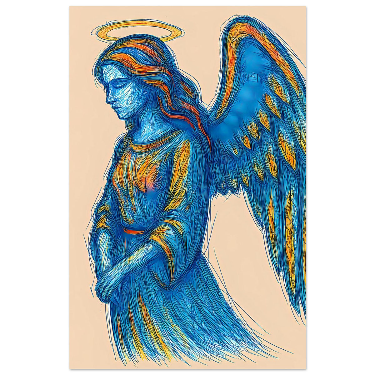Poster mit blauem Engelswesen, goldener Heiligenschein, Flügel und Gewand in Blau-Gold