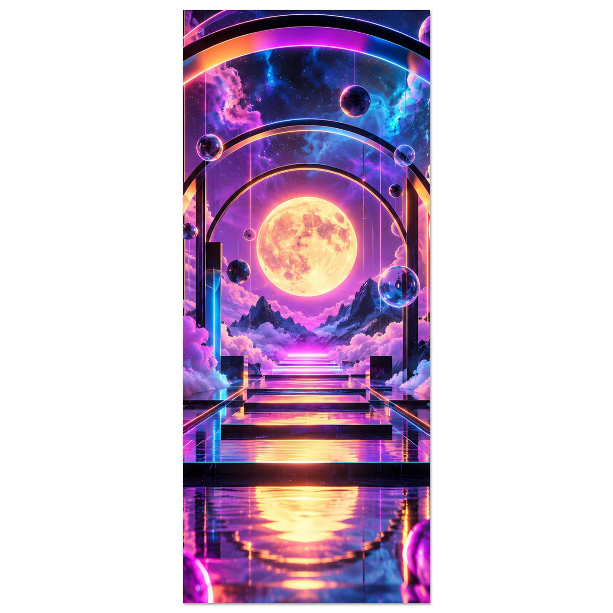 Vertikales Poster mit Galaxy-Traumlandschaft: Mond im Portal, Planeten und Lichttreppe