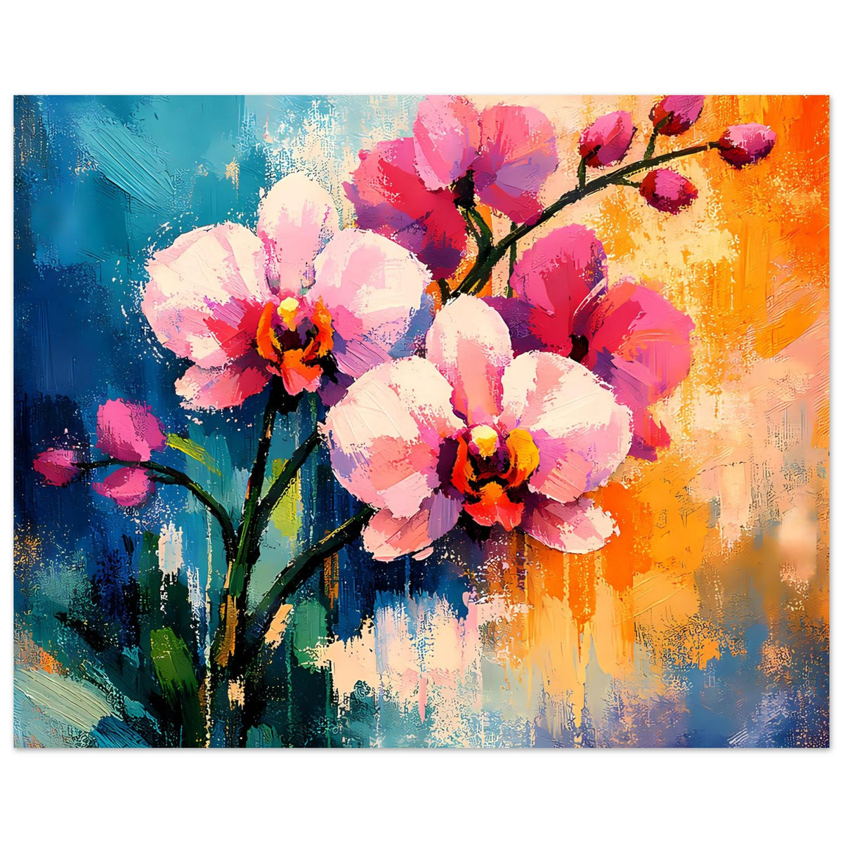 Breites Blumenposter mit mehreren rosa Blüten und farbigem Pinselstrich-Look