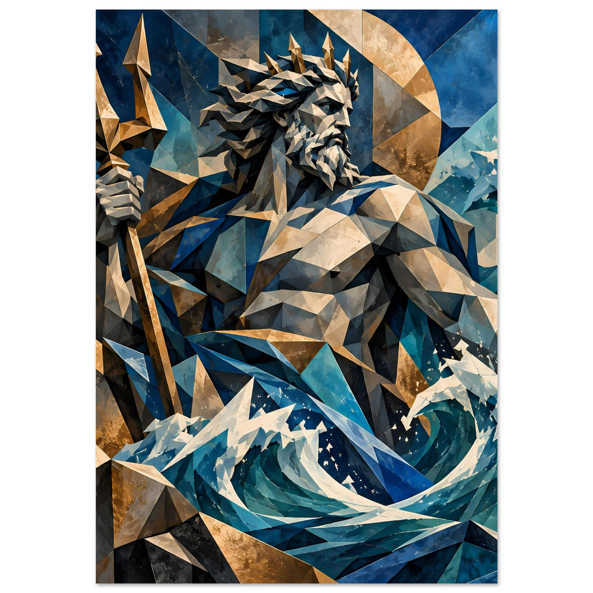 Geometrisches Poseidon-Poster mit Ozeanwirbel, Trident und blau-goldenen Polygonformen