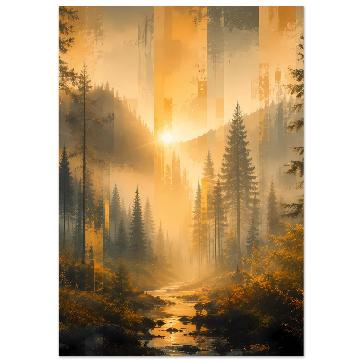 Naturposter: Waldweg mit Fluss und goldenem Sonnenstrahl, Hochformat