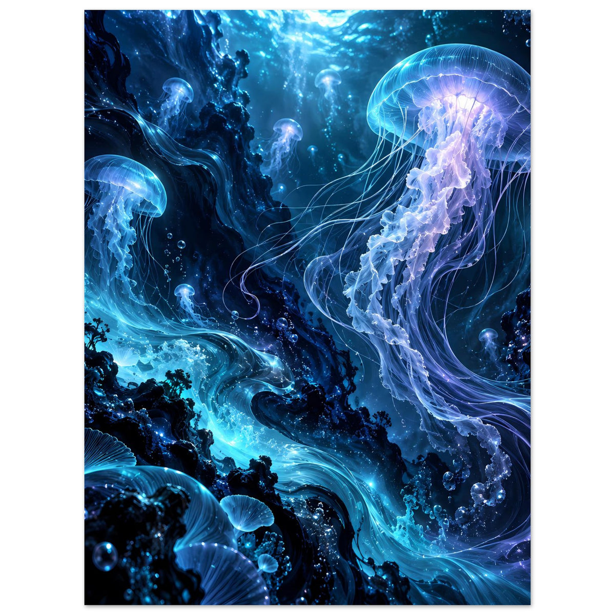 Unterwasser-Poster mit leuchtenden Quallen in Tiefblau und hellblauen Medusen
