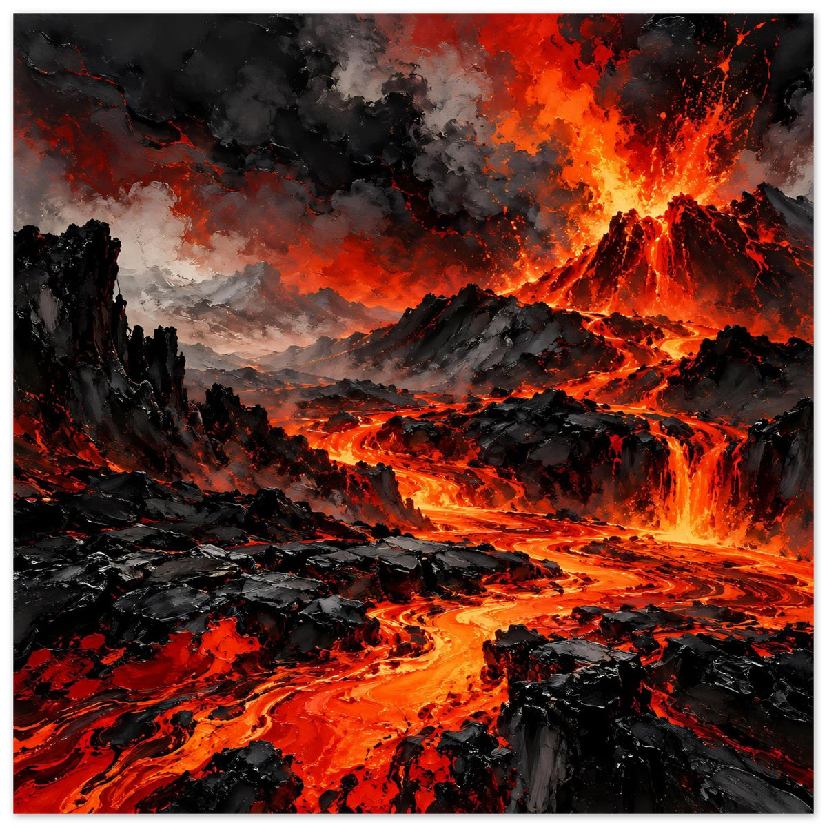 Vulkan-Ausbruch Poster mit fließender Lava, Feuerfontänen und dunklen Rauchwolken über Bergen