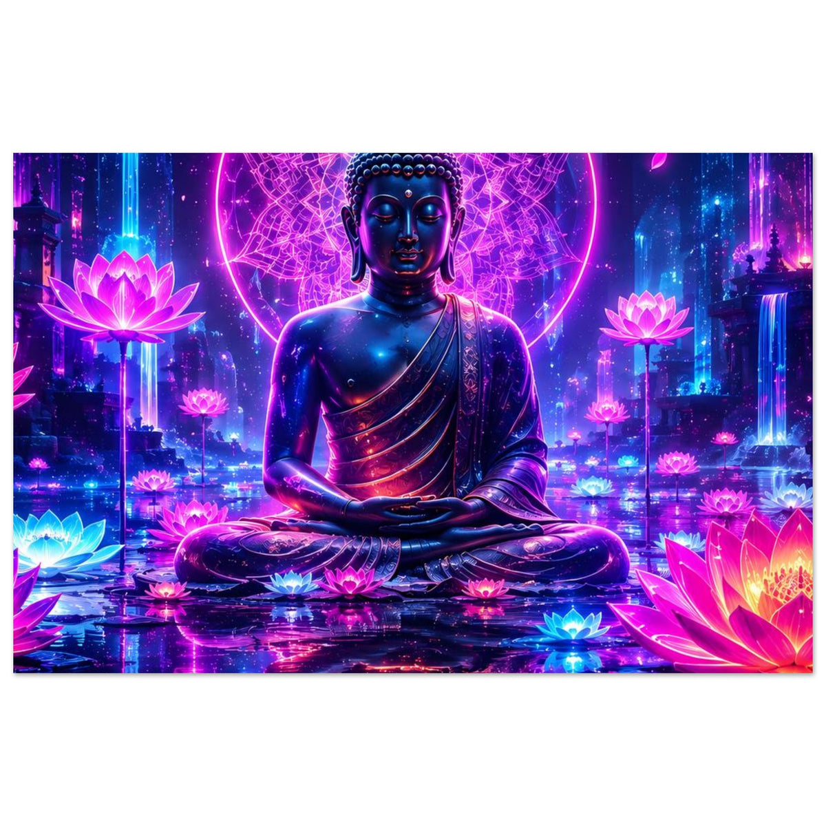 Meditations-Buddha auf Lotusblüten, obere Hälfte mit leuchtendem Kreis und Neonfarben