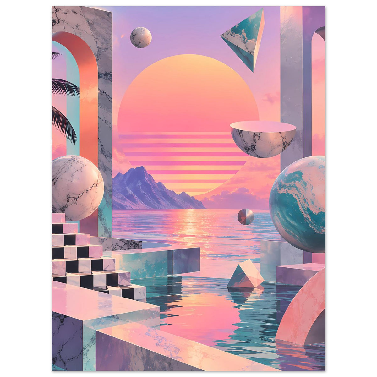 Poster mit bunten Bögen, Mondsichel-Form und Wasserfläche mit farbigen Reflexen
