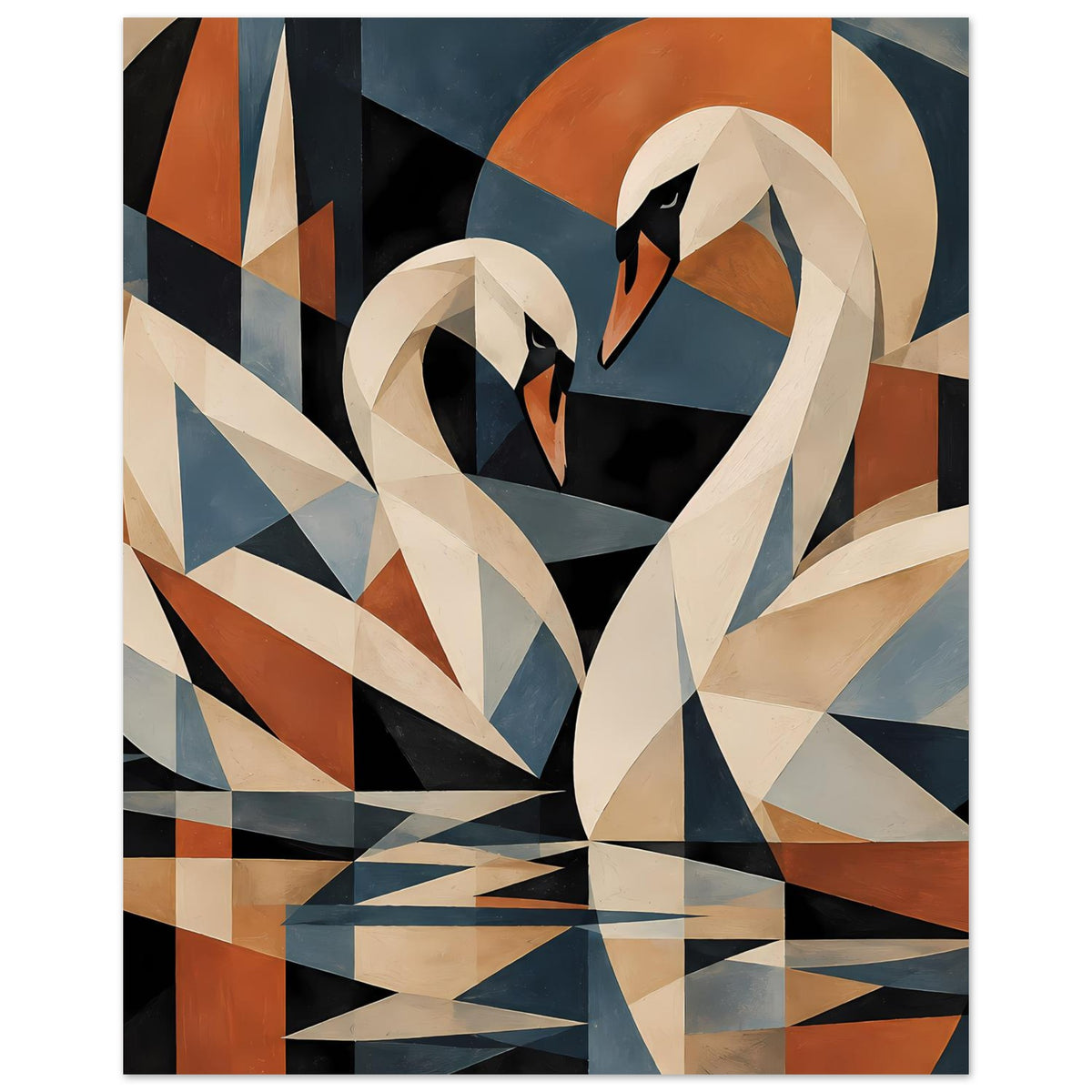 Kubistisches Schwanen-Poster, vertikales Motiv mit Schwan in Blau, Orange, Creme und Schwarz