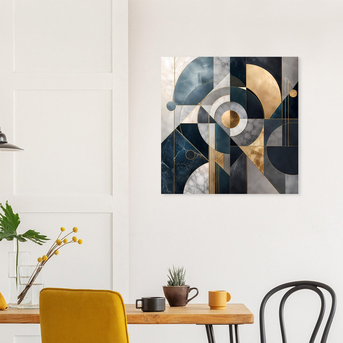 Modernes Kunstposter mit geometrischen Segmenten in Blau, Grau und Gold, quadratisch