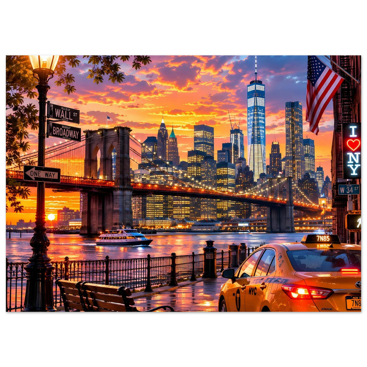 Stadtposter im Querformat: New-York-Skyline bei Sonnenuntergang, Taxi und Brücke