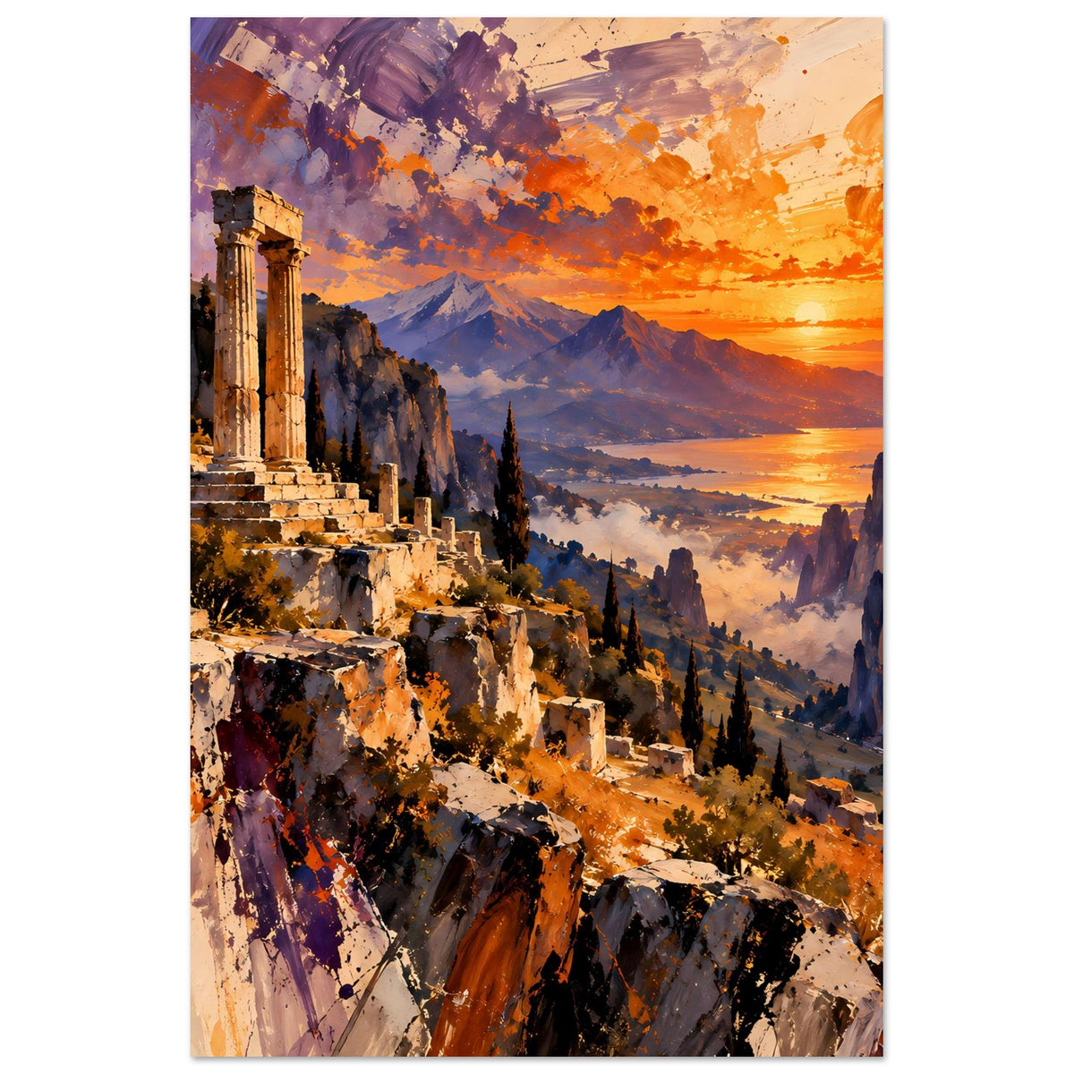 Vertikales mattes Poster: antike Ruinen-Säulen, Sonnenuntergang über Bergen