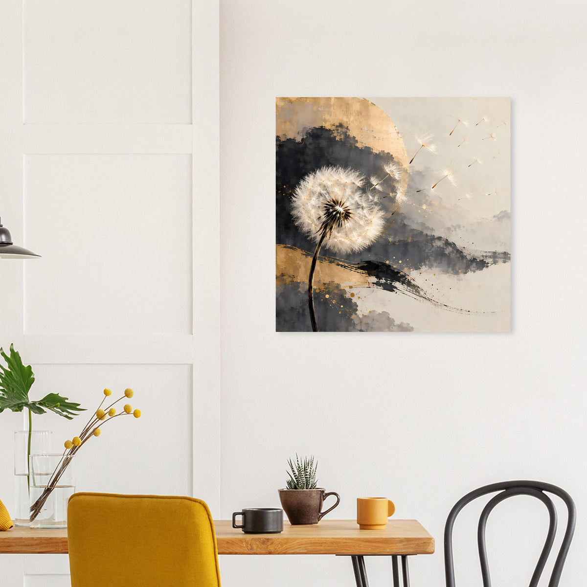 Kunstposter mit Pusteblume auf grauem Farbverlauf, warmes Gold, dunkler Schaft, Sprenkel