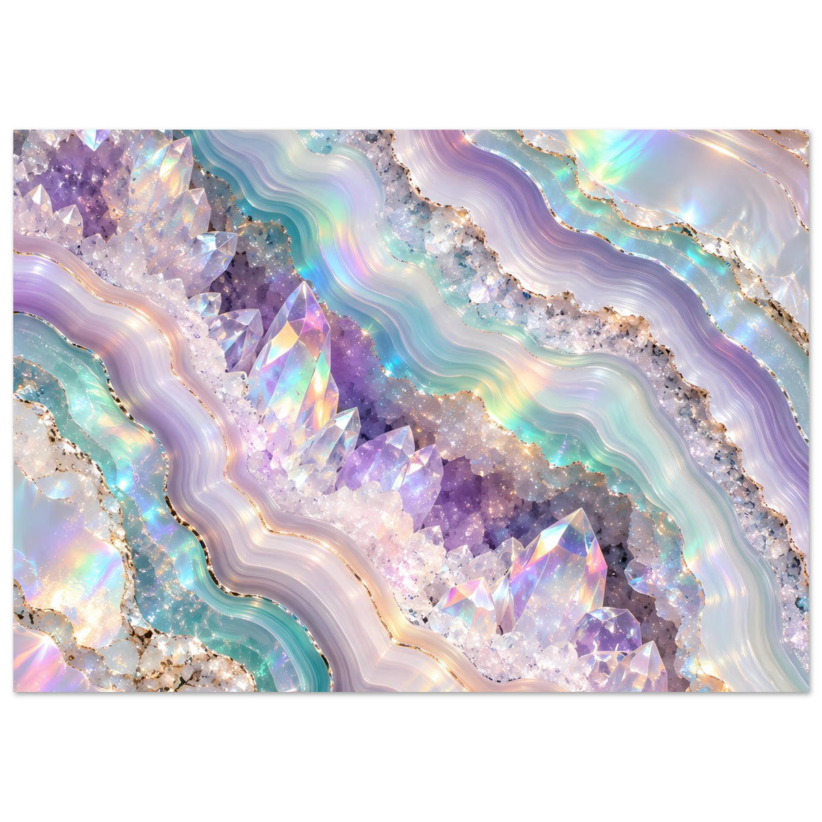 Holografisches Geode-Kristallposter, lila und türkis mit schimmernden Kristall- und Achatlinien