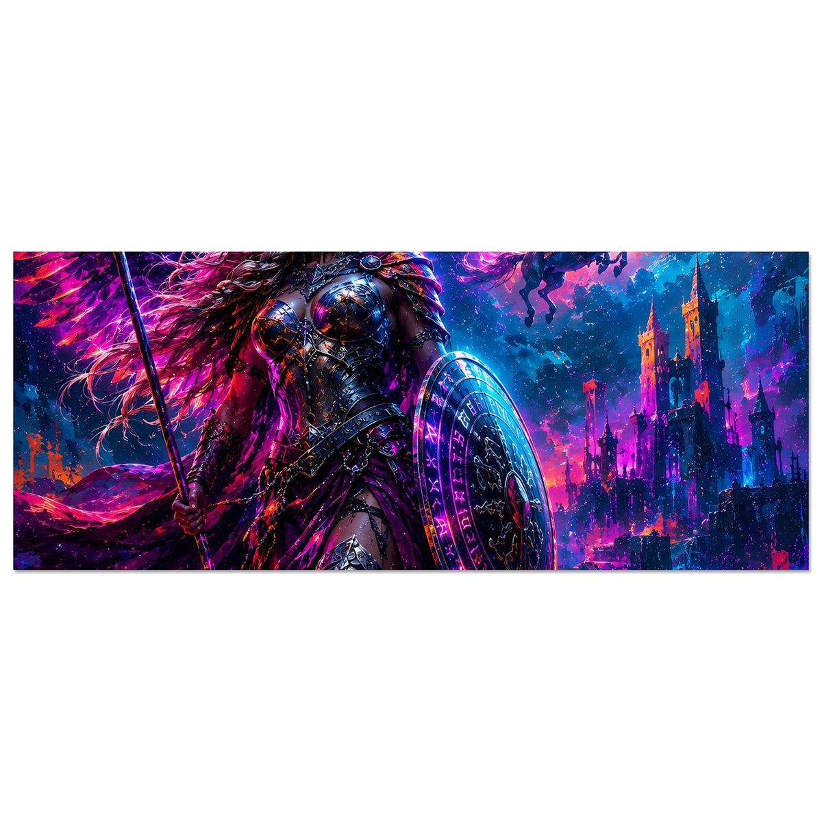 Fantasy-Poster (horizontal): Walküre mit Speer, City-Skyline und leuchtende Magie im Hintergrund