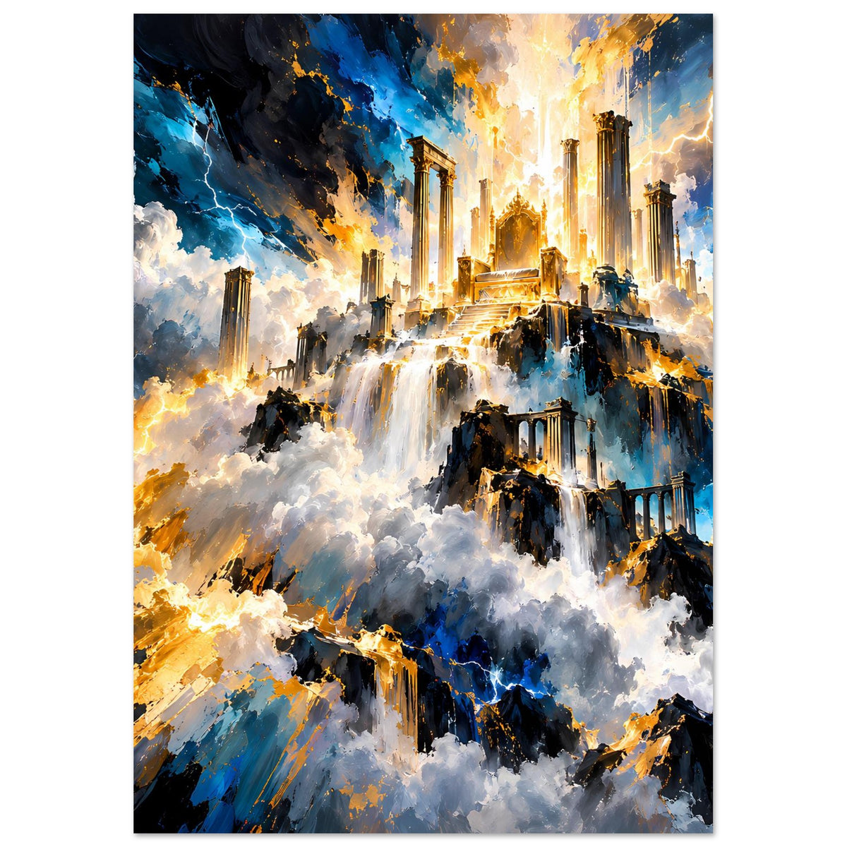 Fantasy-Poster Hochformat: Wasserfalllandschaft mit Ruinen, goldenen Lichtern, blauen Felsen und Wolken