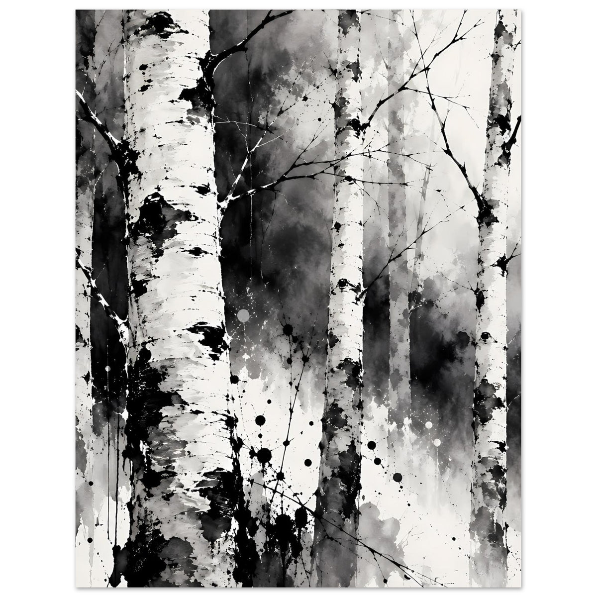 Schwarz-weißes Birch-Wald-Kunstposter mit Baumstämmen, Ästen und Spritzern im Hochformat
