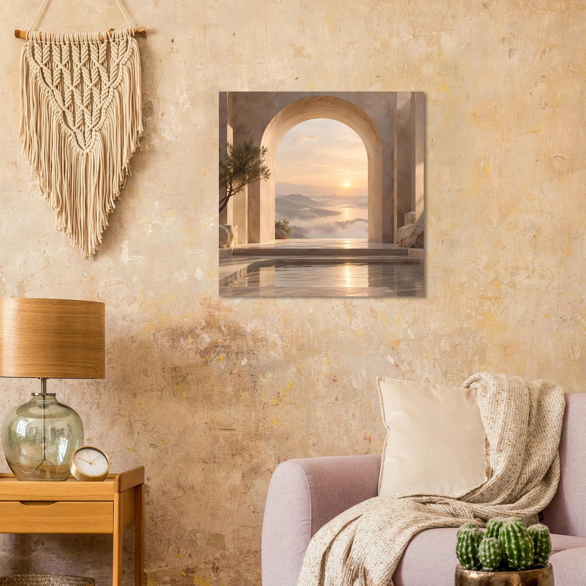 Wandposter mit Torbogenmotiv, Sonnenaufgang und Spiegelung auf Wasser