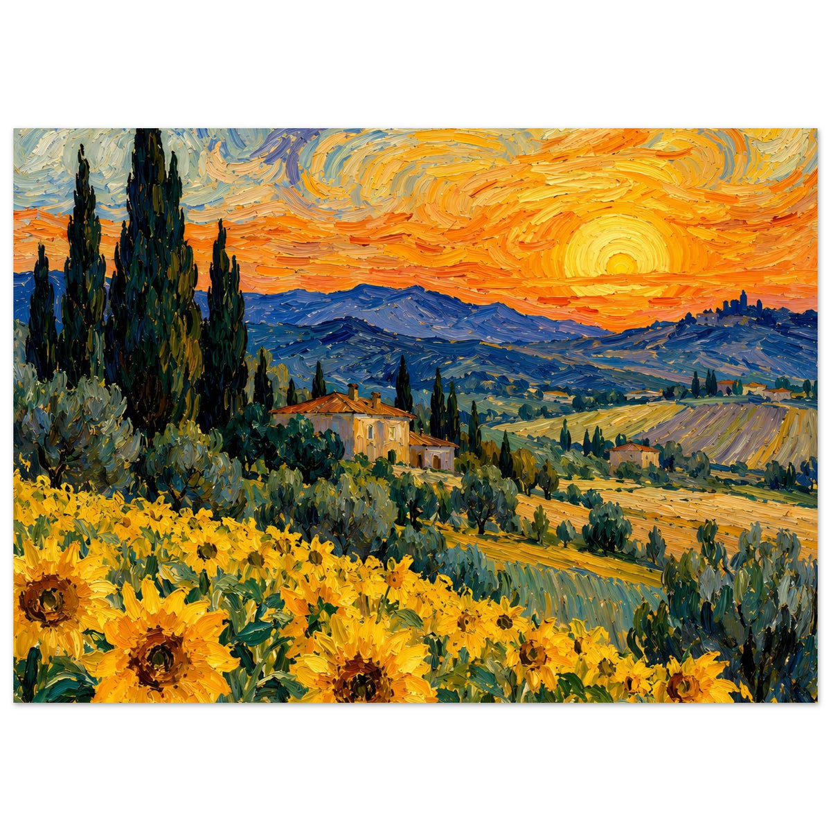 Kunstposter im Querformat mit Sonnenblumen und goldenem Sonnenuntergang über Hügeln