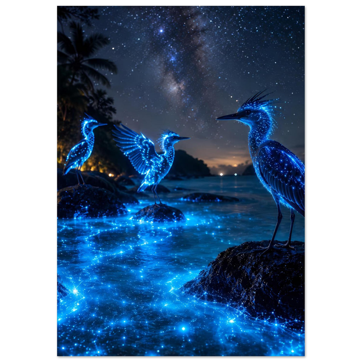 Poster mit leuchtenden blauen Nachtvögeln auf Felsen, sternenübersäter Himmel