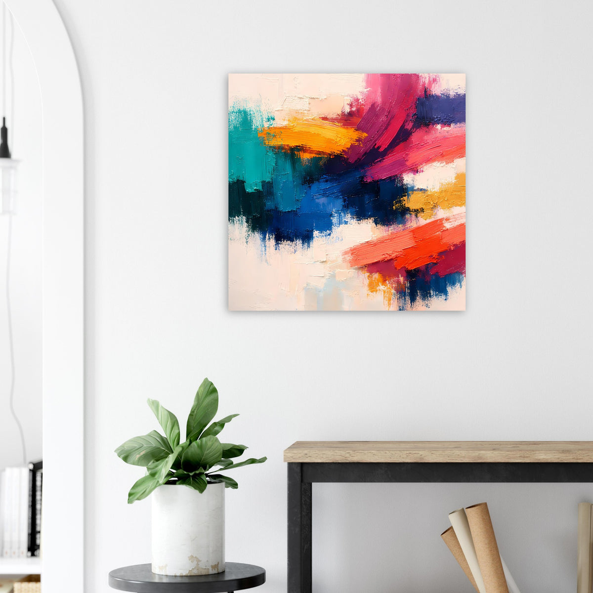Abstraktes Expressionismus-Poster mit kräftigen Pinselstrichen in Blau, Pink und Orange