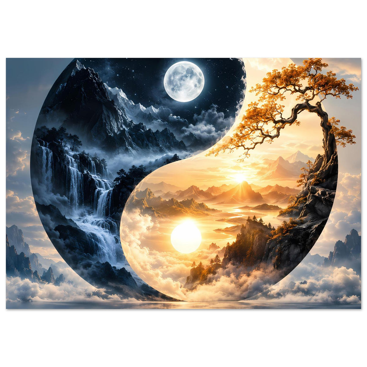 Yin-Yang-Landschaftsposter: links Nachtlandschaft mit Mond, rechts Sonnenlandschaft mit Baum und Bergen