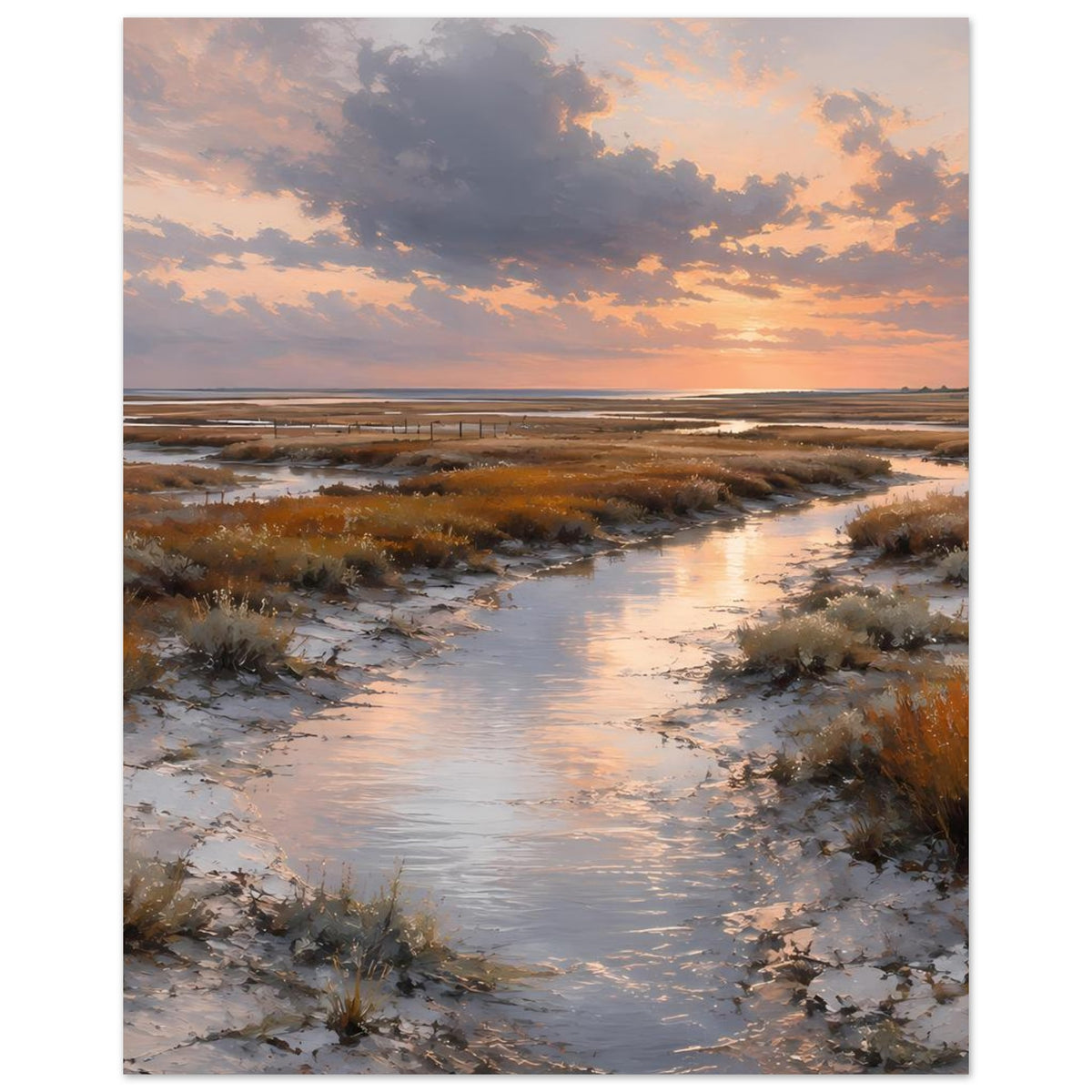 Poster mit Dünen und Wasserlauf bei Sonnenuntergang, Ufervegetation entlang des Wassers