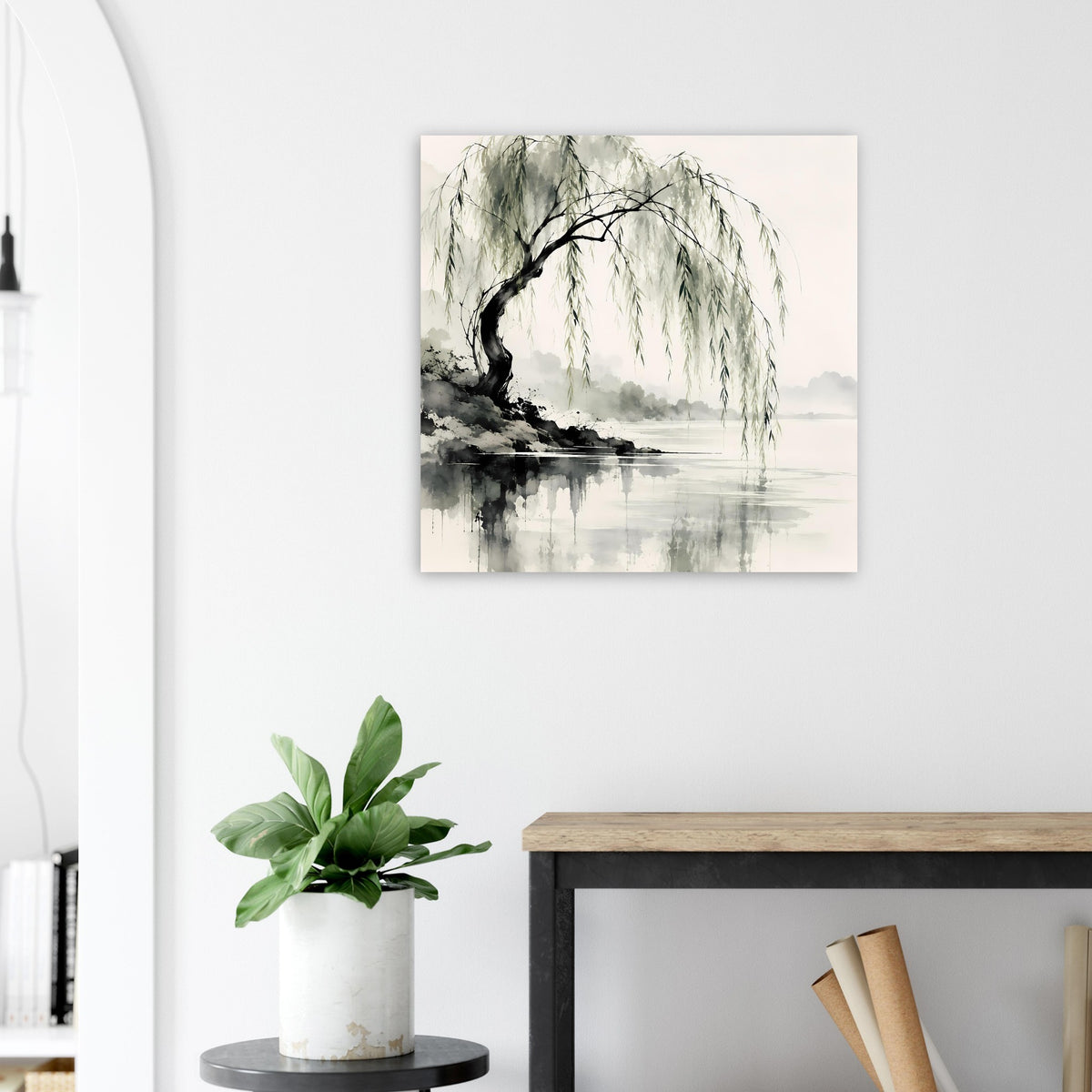 Naturposter mit Weidenbaum, herabhängenden Zweigen und Spiegelung, helles Grau-Grün